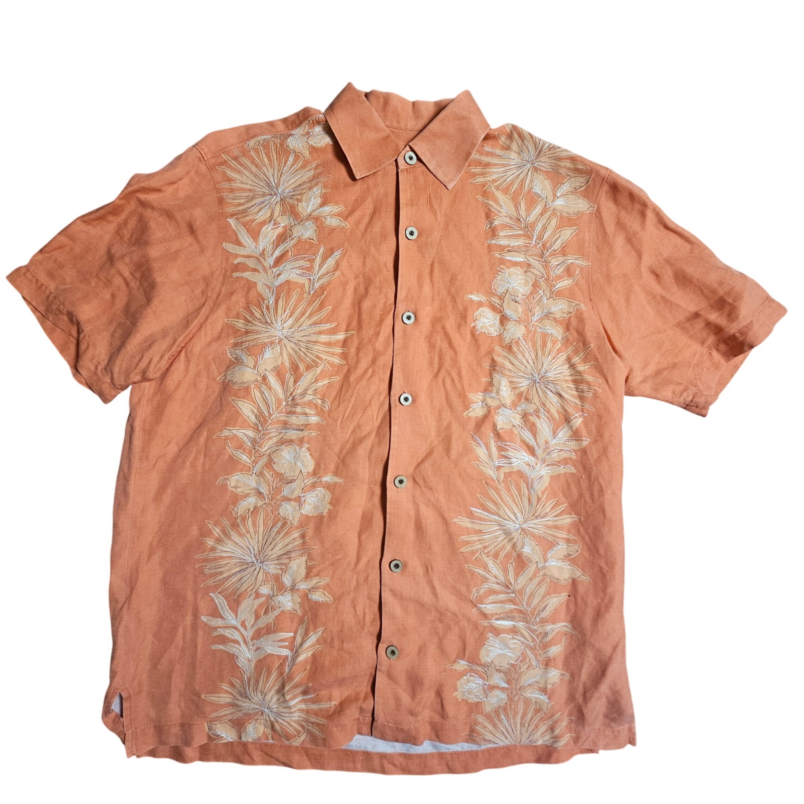 Tommy Bahama Mens Silk Linen Embroidered Button Up Camp Shirt M Coastal Resort